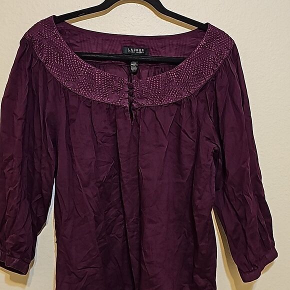 Lauren Ralph Lauren Berry Embroidered Boat Neck Semi Sheer 3/4 Longsleeve Blouse - Picture 1 of 8